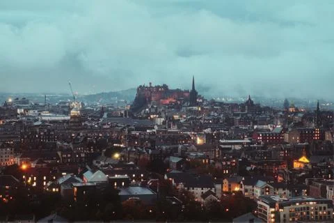 Top view of Edinburgh covered clouds and the Castle in the evening, Edinburgh Stock Photos