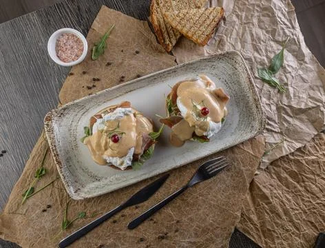 Top view of eggs benedict Stock Photos
