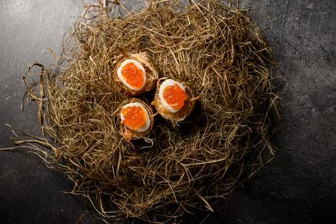 Top view of eggs stuffed with red caviar and served on decorative hay Photos