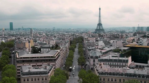Top view of the Eiffel Tower and the roofs of the capital. Paris, France Slow Stock Footage 96381431
