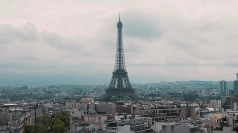 Top view of the Eiffel Tower and the roofs of the capital. Paris, France Slow Video stock 96382600