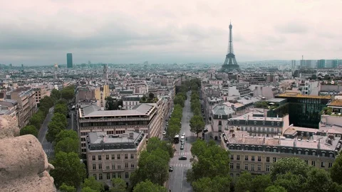 Top view of the Eiffel Tower and the roofs of the capital. Paris, France Slow Stock Footage 105055652