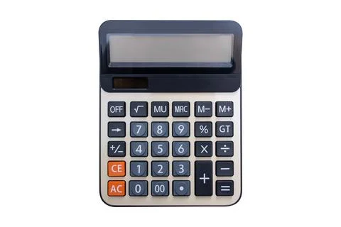 Top view electronic calculator with buttons isolated on white background. E.. Stock Photos