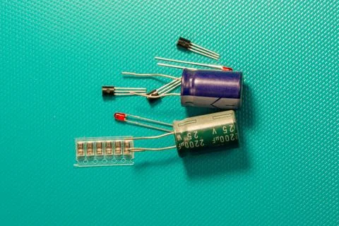 Top view of an electronic component, such as a transistor, capacitor, LED and Stock Photos