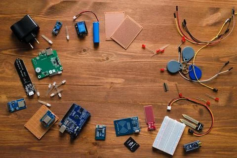 Top view of electronic components such as PCB Stock Photos