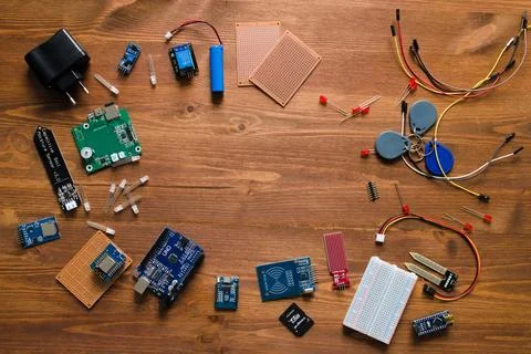 Top view of electronic components such as PCB Stock Photos