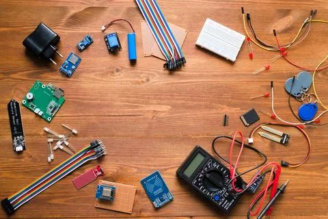 Top view of electronic components such as PCB Stock Photos