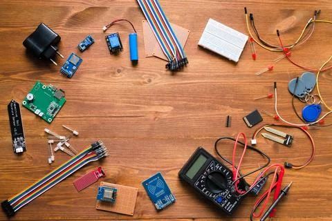 Top view of electronic components such as PCB Stock Photos