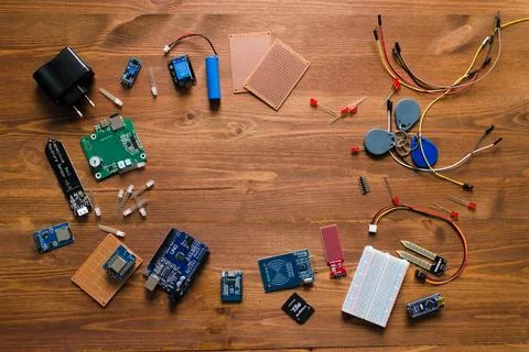 Top view of electronic components such as PCB Stock Photos