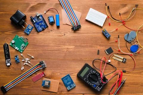 Top view of electronic components such as PCB Stock Photos