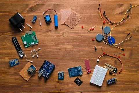Top view of electronic components such as PCB Stock Photos