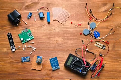 Top view of electronic components such as PCB Stock Photos