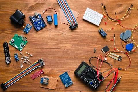 Top view of electronic components such as PCB Stock Photos