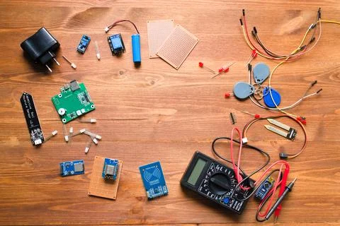 Top view of electronic components such as PCB Stock Photos