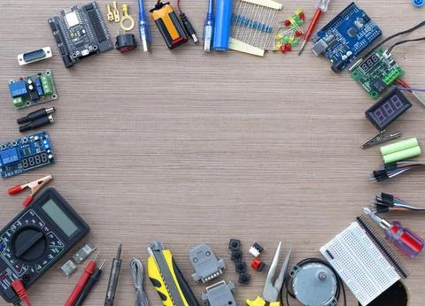 Top view of an electronics concept showing an Arduino UNO microcontroller 写真素材