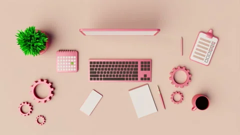 Top view of an elegant pastel pink desk, zoom out camera. Stock Footage 204933657