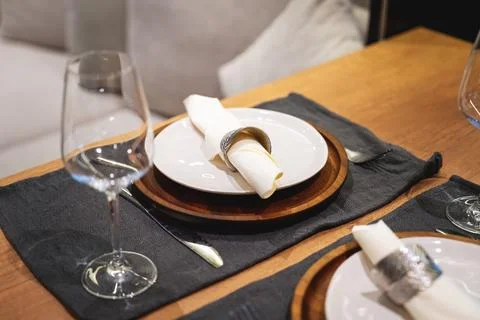 Top view of elegant table setting at home for dinner with soft focus. Dining  Stock Photos