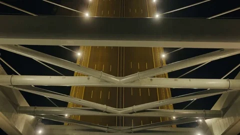 Top view elements metal structure modern cable stayed car bridge in night city Stock Footage 84718473
