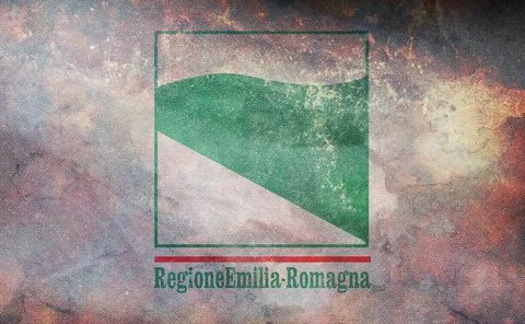 Top view of Emilia Romagna, Italy retro flag with grunge texture. Italian tra Stock Illustration