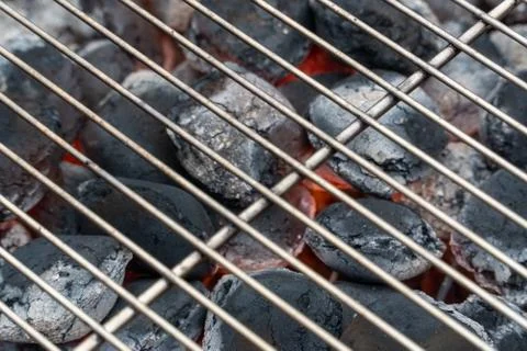 Top View Of Empty And Clean Barbecue Charcoal Grill With Flames Of Fire, Clos Stock Photos