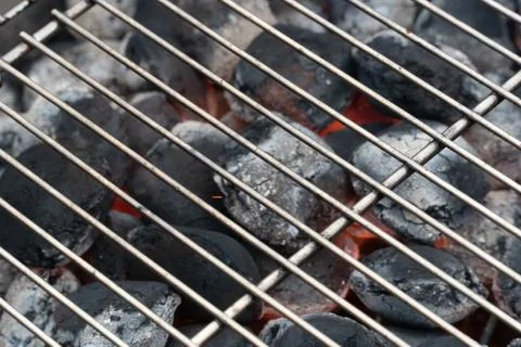 Top View Of Empty And Clean Barbecue Charcoal Grill With Flames Of Fire, Clos Stock Photos