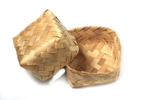 Top View Empty Besek is box or Container Food Box, made from woven bamboo at  Stock Photos