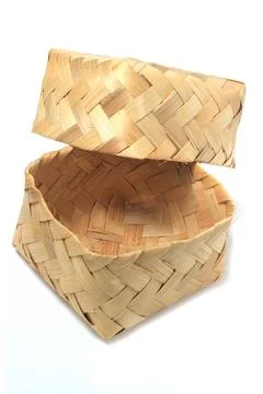 Top View Empty Besek is box or Container Food Box, made from woven bamboo at  Stock Photos