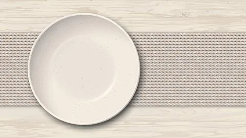 Top view of empty bowl placed on placemat on a wooden table  fade condition.. Stock Illustration