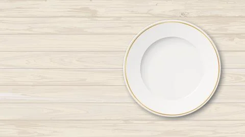 Top view of empty circle dish on wooden background Stock Illustration