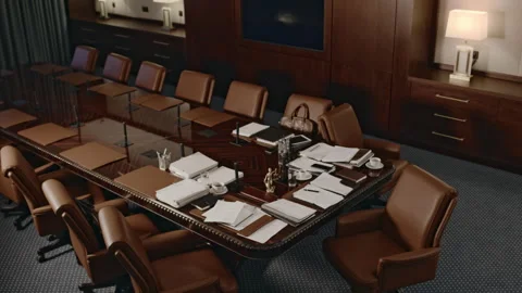 Top View of Empty Conference Hall with Piles of Paperwork on Table Stock Footage 274163803