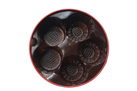 Top view of empty cookies container, empty round packaging from cookies Stock Photos