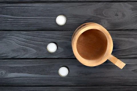 Top view, on an empty cup for beer and lids Stock Photos
