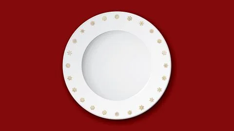 Top view of empty dish with golden snowflake decoration on red background Stock Illustration