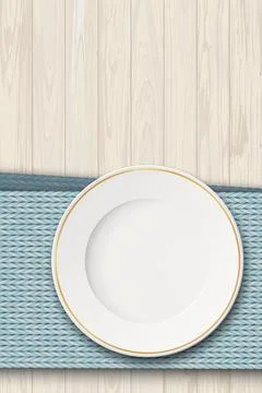 Top view of empty dish placed on a light blue placemat on a wooden table fa.. Stock Illustration