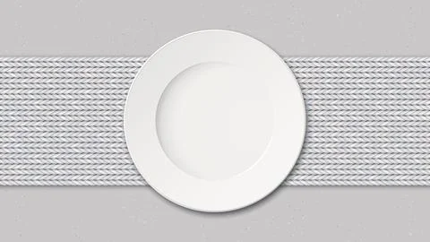 Top view of empty dish placed on a white fabric placemat on a cement counte.. Illustrazione stock