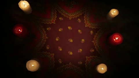 Top view of an empty fortune teller table with ethnic tablecloth and many Stock Footage 247981528