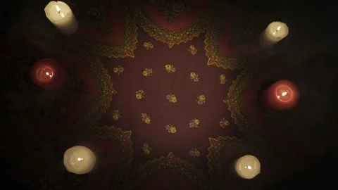Top view of an empty fortune teller table with ethnic tablecloth and many Stock Footage 248004510