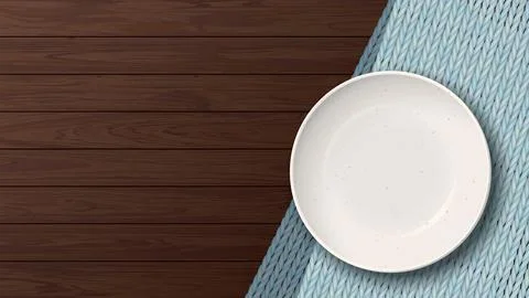 Top view of empty ivory bowl placed on a light blue placemat on a wooden tabl Stock Illustration