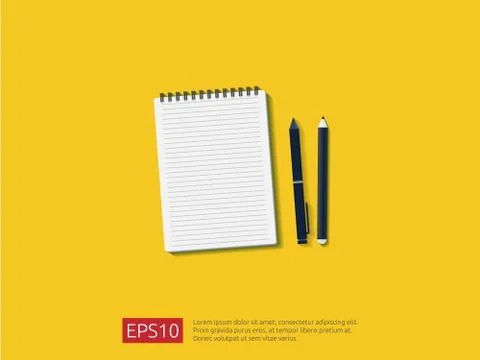 Top view of empty note paper sheet with pencil and pen on workdesk vector ill Stock Illustration