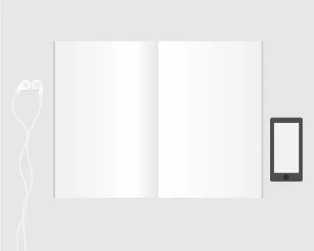 Top view empty notebooks, headphones and phone in place on a white table top. イラスト素材