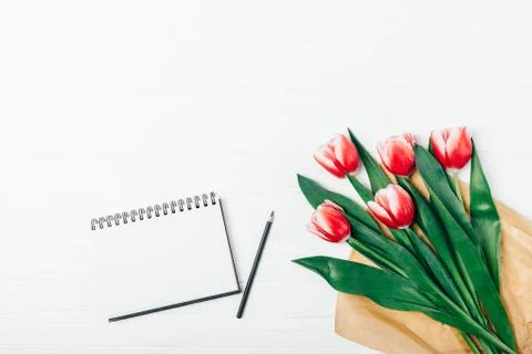Top view empty notepad and pencil Stock Photos