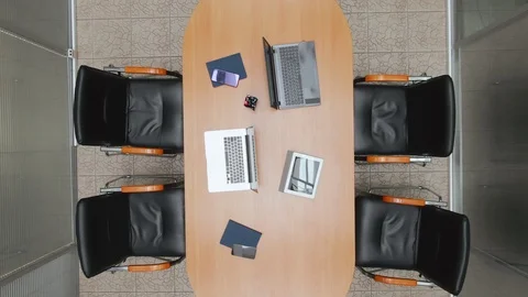 Top view empty office table with chairs and notebook ready to start negotiations Stock Footage 122917181