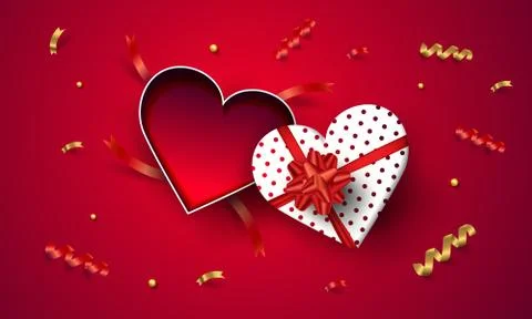 Top view empty open heart gift box valentine's day on red background. Stock Illustration