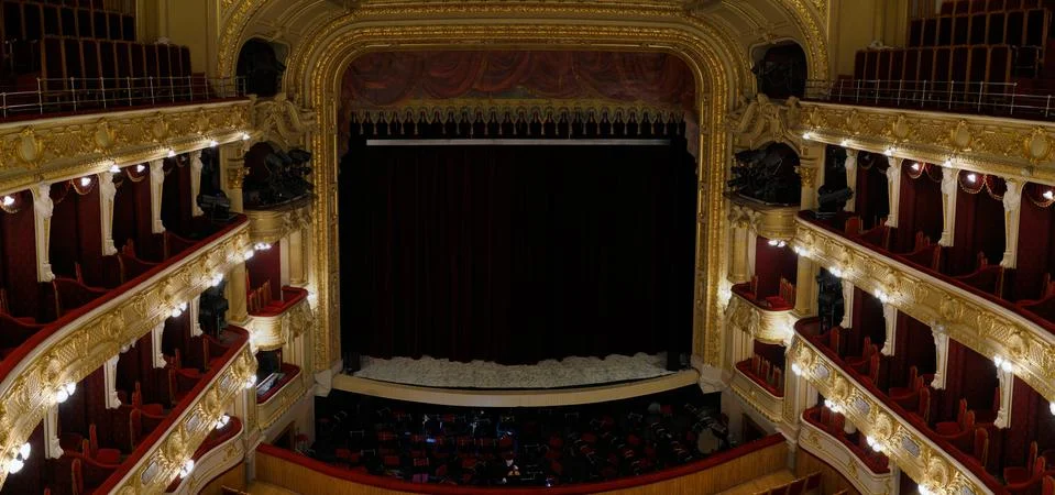 Top view of empty opera house stage with close curtains Stock Photos