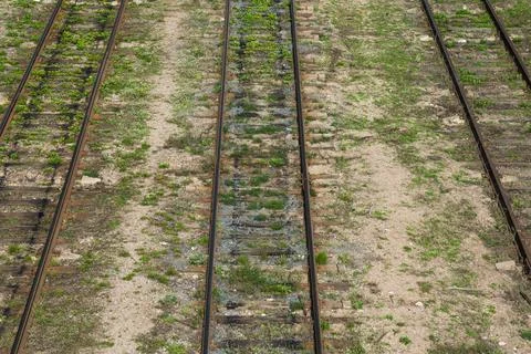 Top view of the empty railway tracks. View of the rails from above Stock Photos