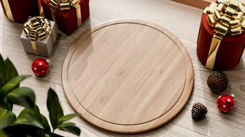 Top view of empty round wooden tray aside red present gift box with gold ri.. Stock Illustration
