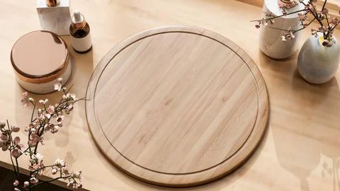 Top view of empty round wooden tray aside beauty cream and perfume with pin.. Ilustração Stock