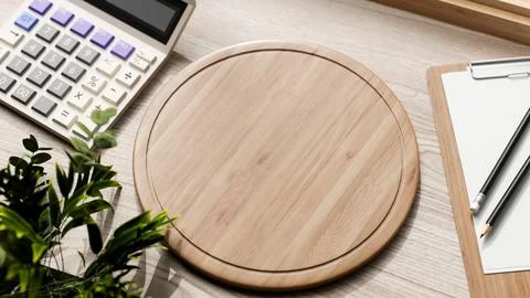 Top view of empty round wooden tray aside calculator and clipboard on table.. Stock Illustration