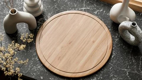 Top view of empty round wooden tray aside abstract vases on black marble ta.. Stock Illustration