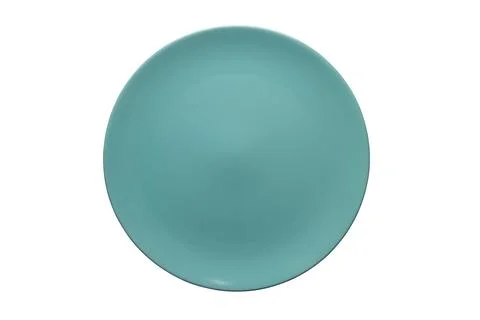 Top view of empty shallow blue ceramic plate isolated on white background. Foto stock